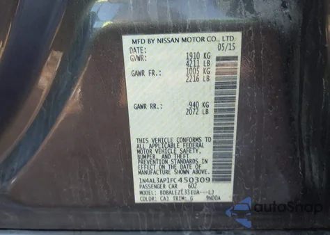 2015 Nissan Altima 2.5/2.5 S/2.5 Sl/2.5 Sv z USA, uszkodzony, nr VIN 1N4AL3AP1FC450309